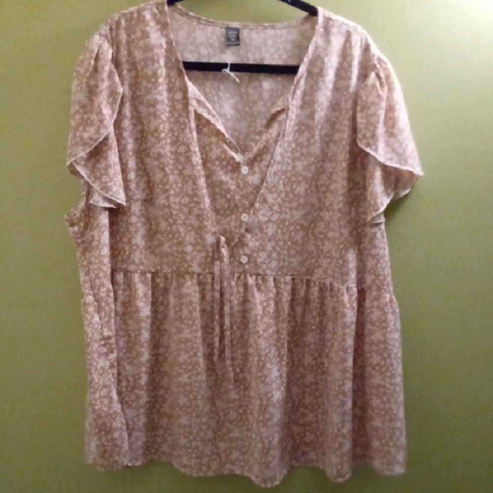 Womans 4X SHEIN Cream And White Tie Front Ruffled Blouse Short Sleeve